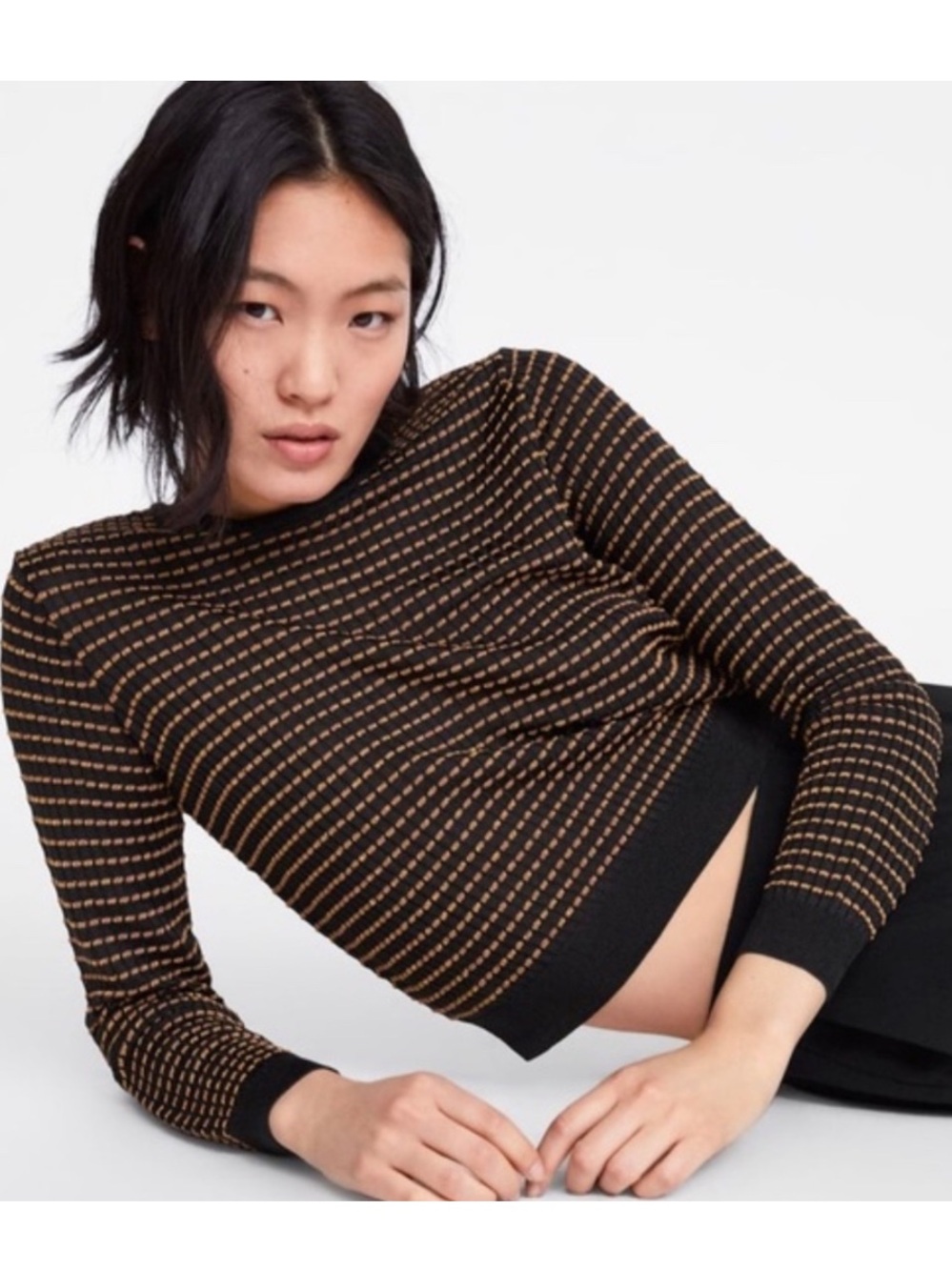 Zara Black Copper Metallic Textured Knit Cropped Lightweight Top Size Medium